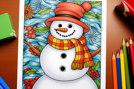 Colored pencils and a coloring book with a snowman lie on the table
