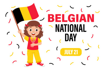 Belgian national day. Cute little girl with Belgian flag. Cartoon illustration, banner, poster, vector