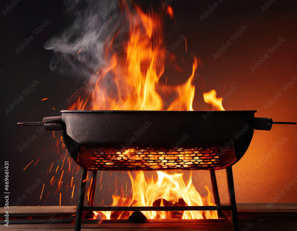 Poster empty flaming cast iron grate charcoal grill with open fire, ready for product placement.