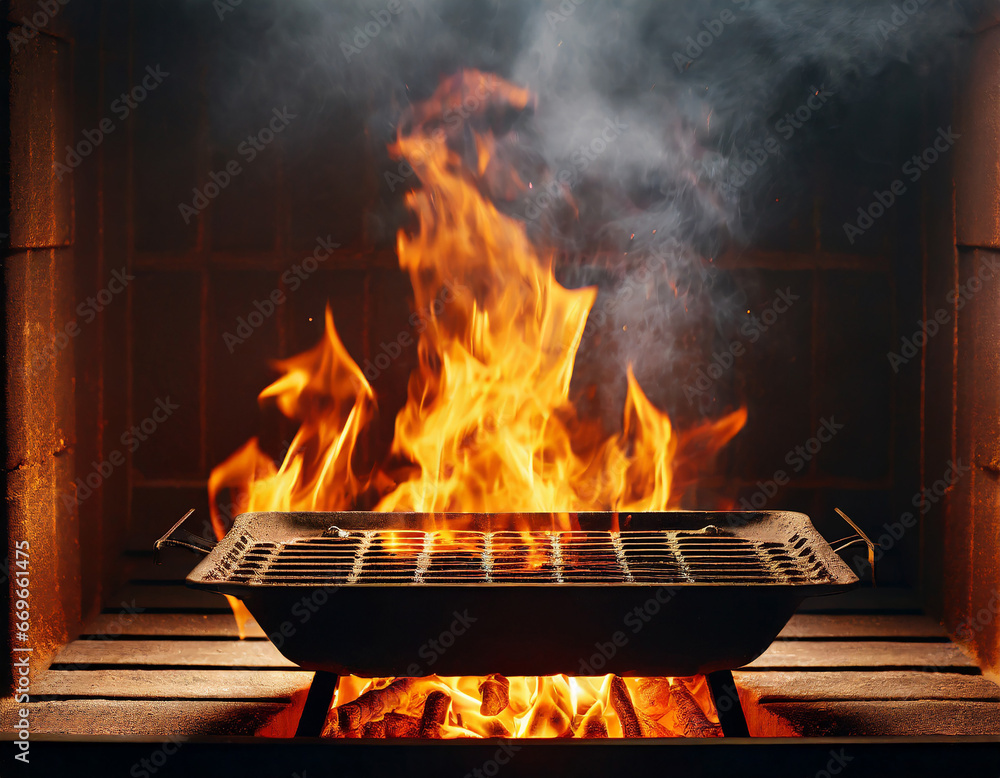 Poster empty flaming cast iron grate charcoal grill with open fire, ready for product placement.