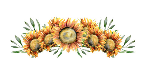 Watercolor horizontal sunflower composition. Autumn yellow flowers with green grass floral illustration for logo, card, invitation design, isolated on white background.