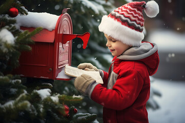 Portrait of cute little kid boy puts a letter with his Christmas wishes addressed to Santa Claus, Notrh Pole into the mailbox in the street