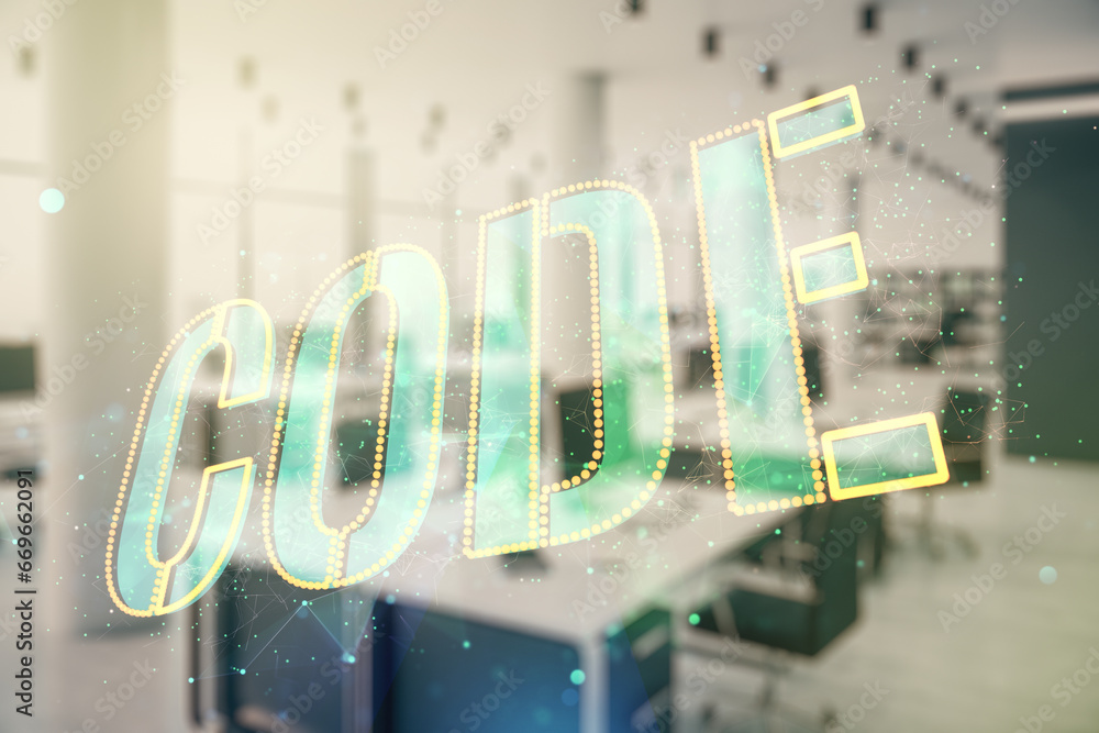 Poster code word hologram on modern corporate office background, artificial intelligence and neural network