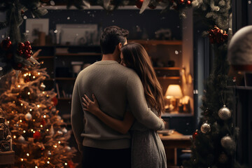 Fototapeta premium Couple embracing in front of Christmas tree generated with AI