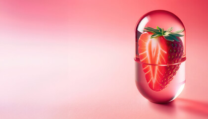 Strawberry isolated in transparent supplement capsule. Vitamin and nutrition concept - obrazy, fototapety, plakaty