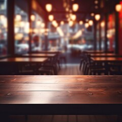 Naklejka premium Dark empty wooden table and blurred cafe background front view ai generative