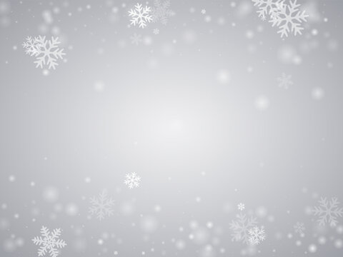 Simple heavy snow flakes background. Snowfall fleck frozen particles. Snowfall sky white gray pattern. Filigree snowflakes christmas texture. Snow cold season scenery.