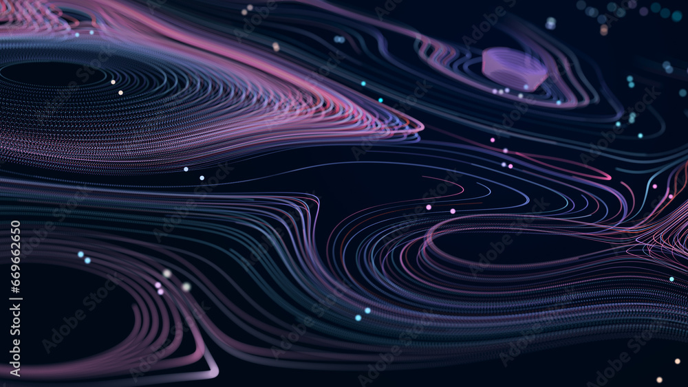Poster abstract glitter particles in dark space. network data transfer concept. 3d rendering.