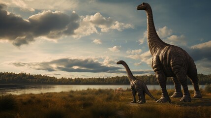 Brachiosaurus with baby - obrazy, fototapety, plakaty