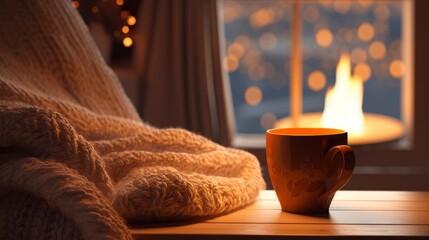 
A mug of hot tea stands on a chair with a woolen blanket in a cozy living room with a fireplace. Cozy winter day - obrazy, fototapety, plakaty