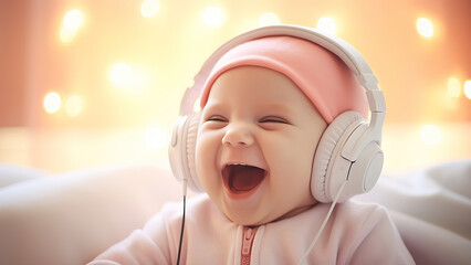 A happy baby with headphones listening music and smiling, on a pastel background with copyspace.