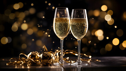 Two glasses of champagne on a black background, celebrating new year