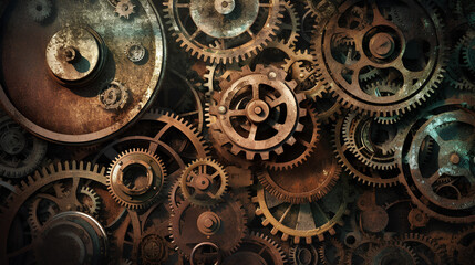 Retro background with brass gears. Steampunk style background. Teal and orange toned. - obrazy, fototapety, plakaty