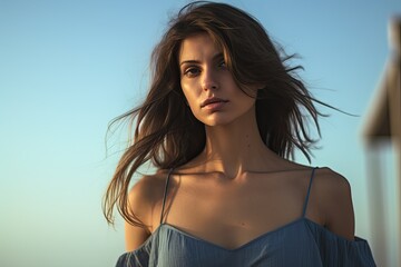 Naklejka premium A beautiful young woman enjoys her summer vacation on a tropical beach, radiating beauty and happiness in the sun and sea.