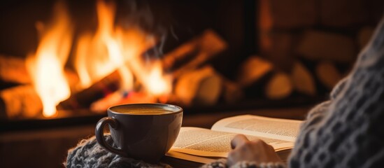 Woman warming up by the fireplace with coffee and a book