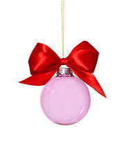 Christmas transparent pink ball with red bow. Christmas background.
