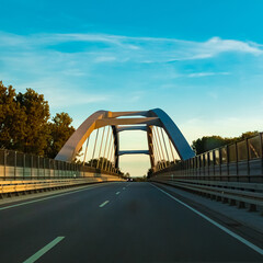 Summer evening view with a bridge near Plattling, Isar, Deggendorf, Bavaria, Germany