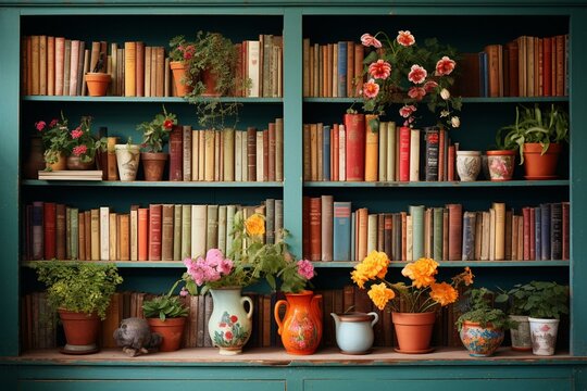 A colorful bookshelf adorned with books, flowerpots, and miscellaneous items. Generative AI