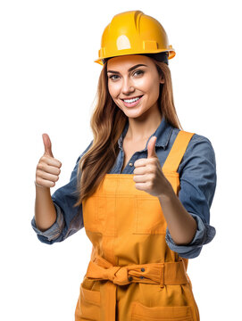 Woman construction worker shows thumbs up isolated in transparent background