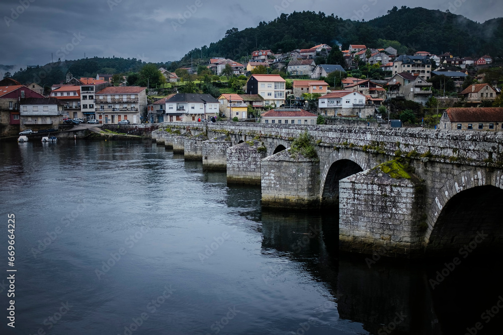 Poster the medieval bridge of pontesampayo, pontevedra, spain.