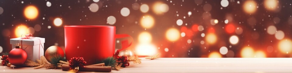 Enchanting Top View Christmas Scene featuring a Red Mug, Garland Lights, and Gift on Fir Branches