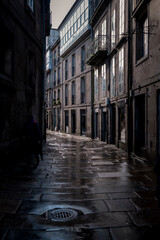 Streets in Santiago de Compostela after rain. Spain.