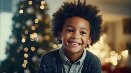 Excited Little Black Boy Waiting for Christmas Near ly Decorated Christmas Tree at Home - obrazy, fototapety, plakaty
