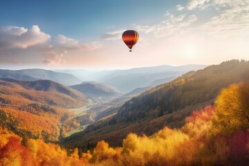 Hot air balloon soaring in picturesque mountain landscape. Generative AI