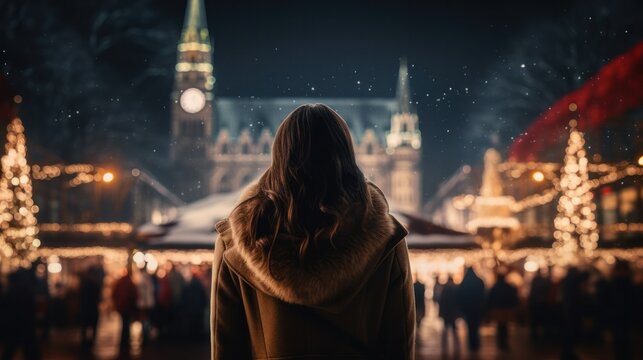 Enchanting Xmas Fair: Woman Delighting in Nighttime City View with Generative AI Stock Image