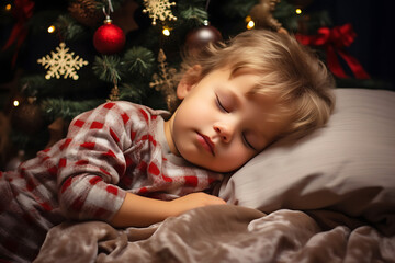 Waiting for Santa Claus. Adorable little Caucasian little boy sleeping on the background of Christmas tree.