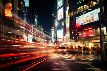 Big city, night street with car light, long exposure