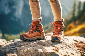 A close-up of a hiker's boots as they prepare to set off on a scenic autumn trek, capturing the anticipation and excitement of an outdoor adventure. - obrazy, fototapety, plakaty
