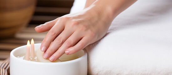 Fototapeta na wymiar Female hands giving foot massage in spa salon seen up close