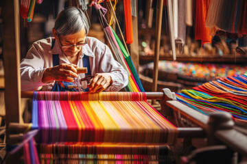 In an ode to traditional culture, person skillfully weave colorful and handmade textiles on an old loom, showcasing the vibrant patterns and designs of Asia's rich heritage.