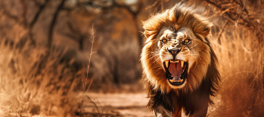 A fierce lion, the apex predator of the African savanna, showcasing its powerful teeth and mane in...