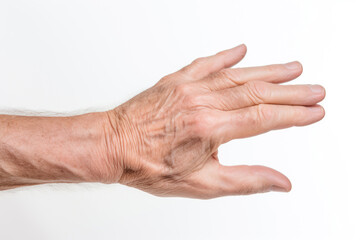 Wrinkled hands and inflamed joints in seniors highlight the need for gentle care. Isolated on white background