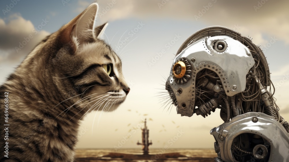 Poster a cat staring at a robot in a field