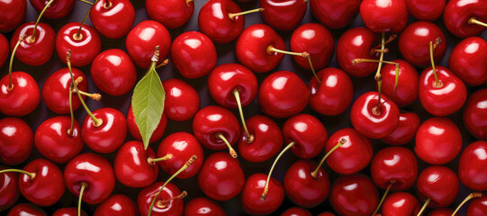 Ripe red cherries - a closeup of fresh and delicious summer fruits on a flat lay background.