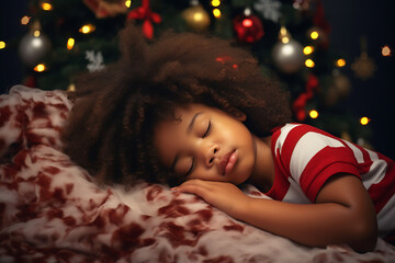 Waiting for Santa Claus. Adorable little African American little child sleeping on the background of Christmas tree.