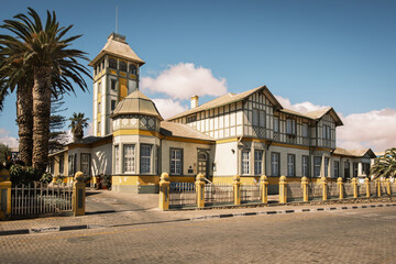 Fototapeta premium The Woermannhaus in Swakopmund, Namibia. Built in 1894, it is a one of city?s oldest buildings and historic icon with its German-style fa?ade. Today it serves as a public library and art center.