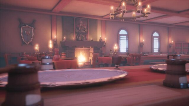 Medieval Tavern, Laid Tables, Wood Burning Fireplace 3D Rendering Animations CGI 4K