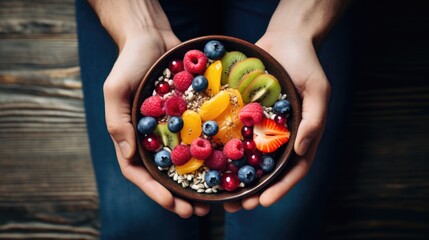 A person holding a bowl of fruit and oatmeal