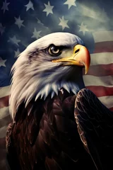 Foto op Plexiglas A bald eagle with an american flag in the background © Friedbert