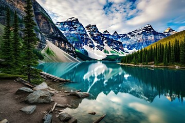 Beautiful lake surrounded by stunning scenery. Generative AI - obrazy, fototapety, plakaty