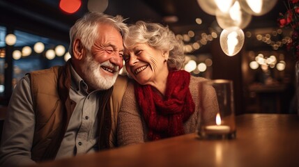 Radiant with love and joy, this charming elderly couple shares heartwarming smiles in a cozy bar, creating a timeless image of happiness and enduring companionship. Generative AI