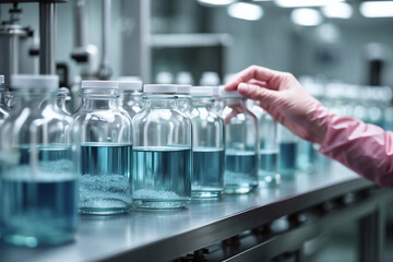 Hand with sanitary gloves check medical vials on production line at pharmaceutical factory. Medical vials production.