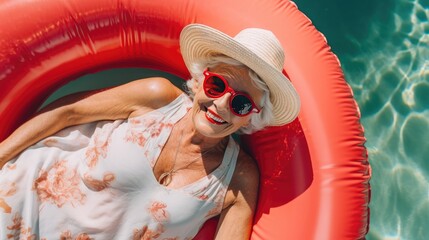 Retirement Snapshot: Smiling woman, stylish sunglasses, red float, enjoying the pool gracefully. Generative AI