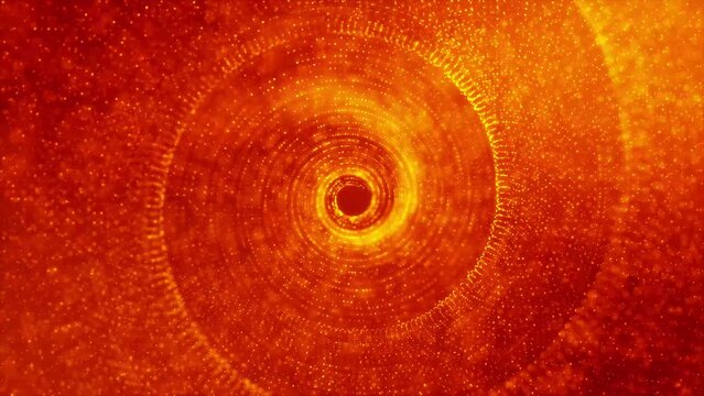 Abstract of a spinning yellow spiral composed of circular yellow dots against a black background creates an illusion of motion. Abstract dot round half tone spinning elements.