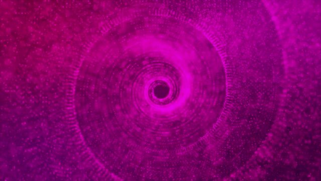 Abstract of a spinning purple spiral composed of circular purple dots against a black background creates an illusion of motion. Abstract dot round half tone spinning elements. 