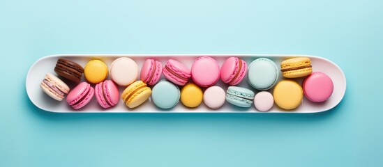 Top view of macaroons dessert arranged in a flat lay composition on a blue background with empty space for text